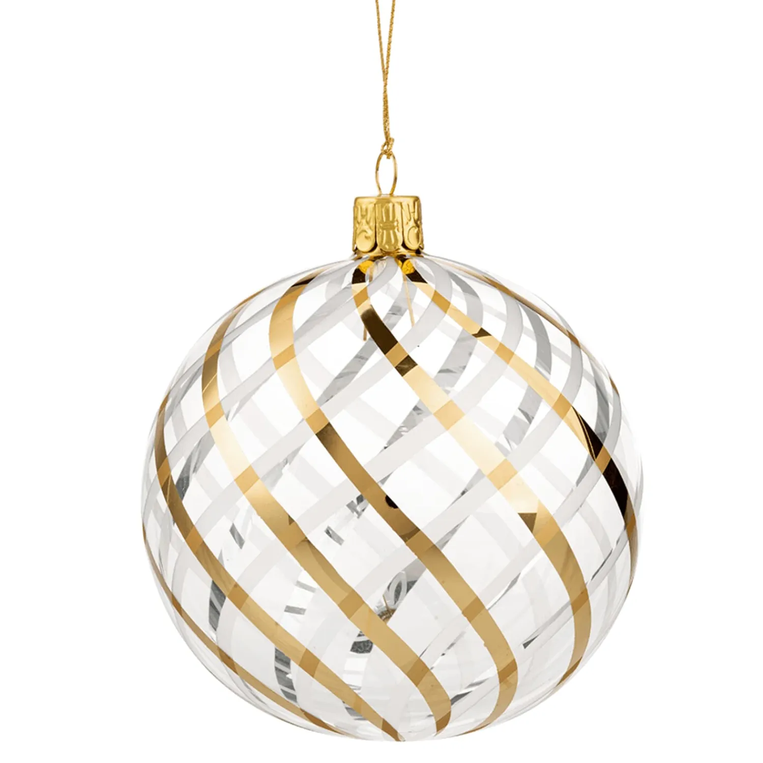 * Tree Baubles And Set Offers|Glass Bauble Clear With Gold-White Net Pattern, 10 Cm