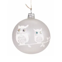 * Tree Baubles And Set Offers|Glass Bauble Frosted White With Two White Owls, 8Cm