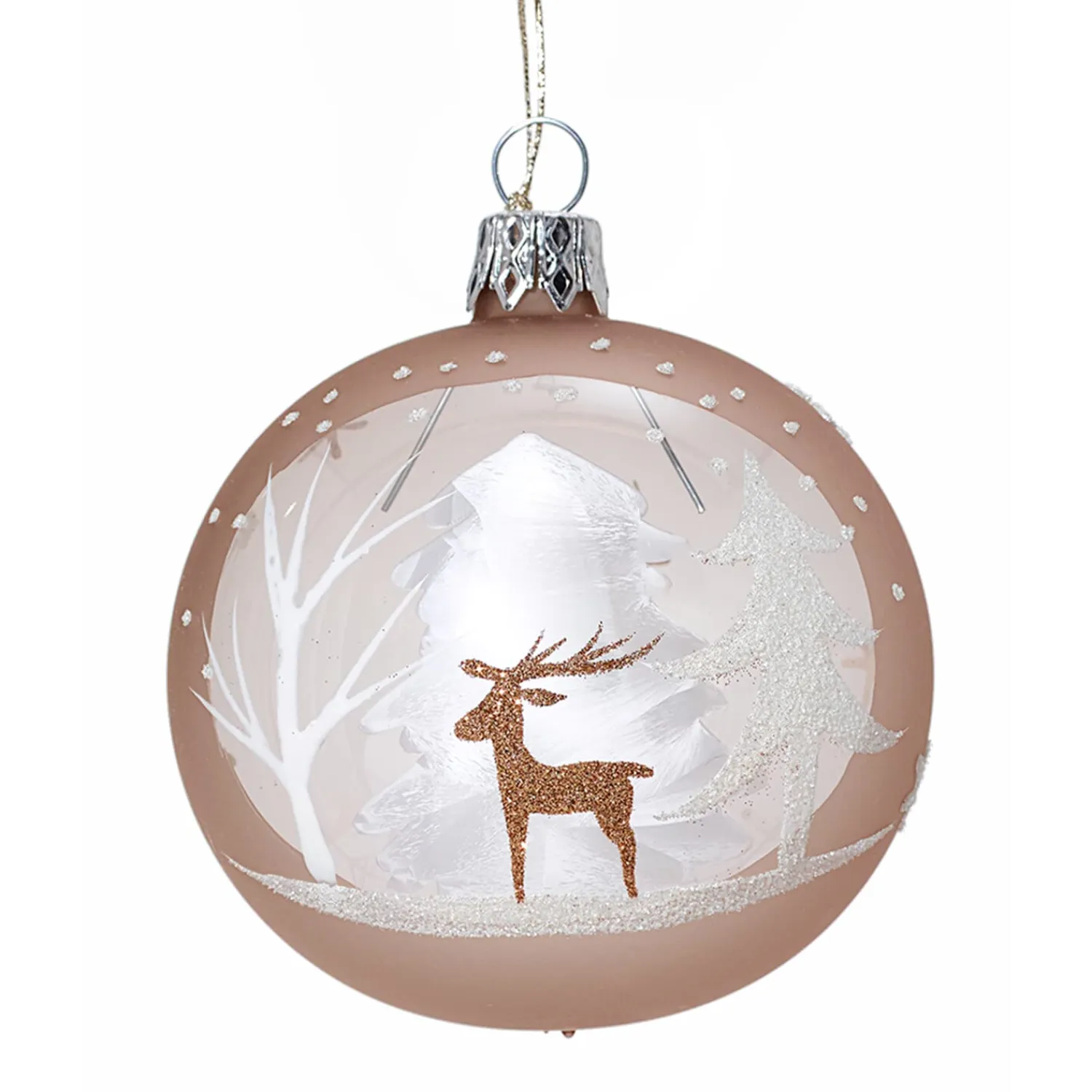 * Tree Baubles And Set Offers|Glass Bauble Light Brown With Winter Forest, 7Cm