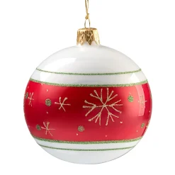 * Tree Baubles And Set Offers|Glass Bauble Opal White With Red Ribbon And Snowflakes, 8 Cm