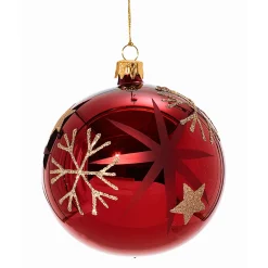 * Tree Baubles And Set Offers|Glass Bauble Red With Golden Stars And Flakes, 10Cm