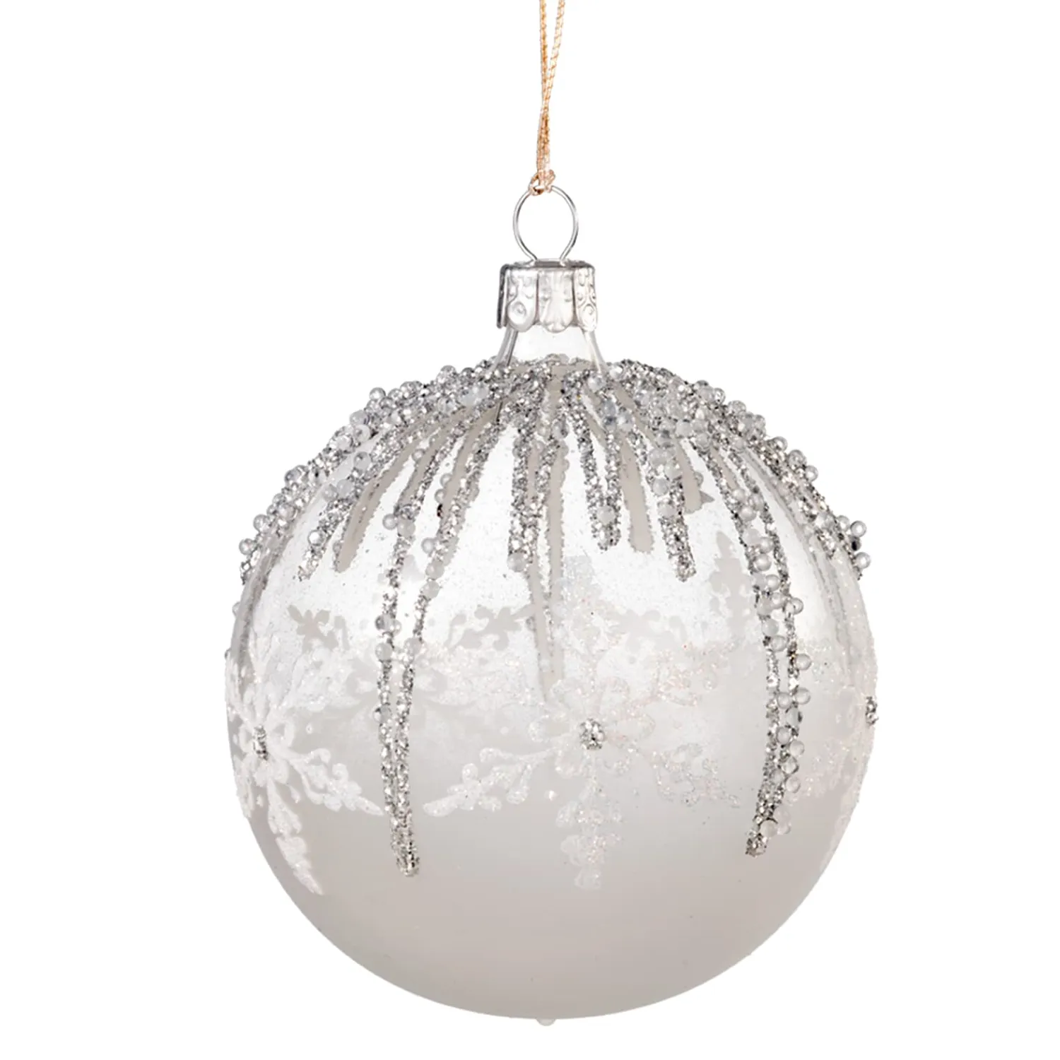 * Tree Baubles And Set Offers|Glass Bauble White With Silver Decor, 8 Cm